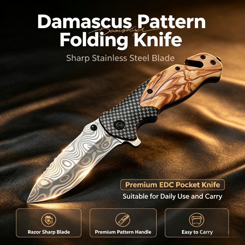 Edc Daily Carry - Faca Dobrável com Padrão Damasco, Lâmina